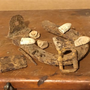 Antique Civil War Dug Up Relics From Battlefields Near Fredericksburg, VA. Horseshoe, Nail, Hinge, Tool, Buckle, 5 Bullets, Gardiner Part.