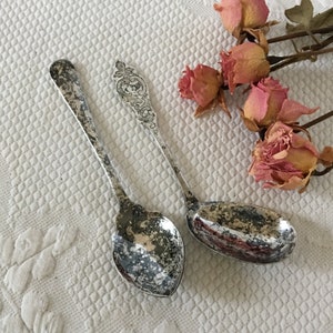 Vintage Side Bowl Spoon and Silver Plate Condiment Spoon From England. Etched Swirling Designs on Side Bowl Spoon.