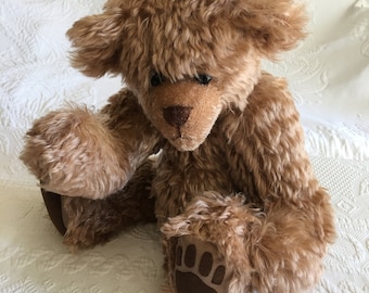 Hand Made Joshua 16" Bear from Fuzzy Mohair. Made by Barb Celio. Hand Stitched Entrepreneur Bear, Fully Posable. Huggable Mohair Bear.