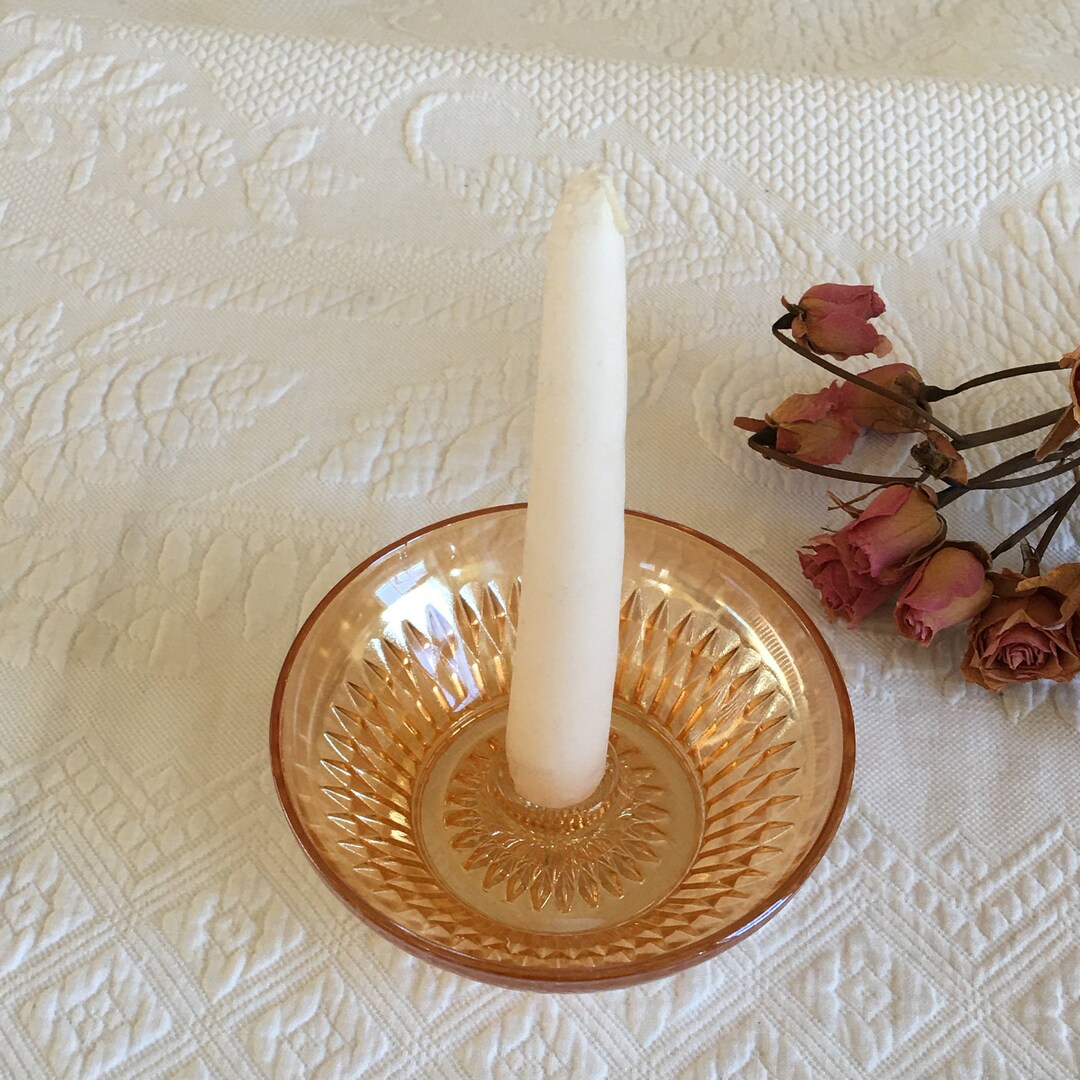 Vintage Candle Holder. Amber Diamond Point Iridescent Glass Candle
