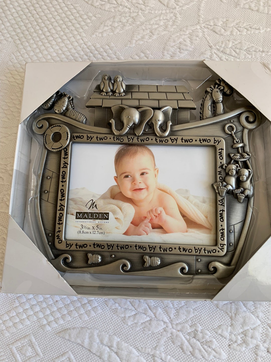 Pewter Look Malden Baby Frame. Noah's Ark Silver Frame With Pairs of