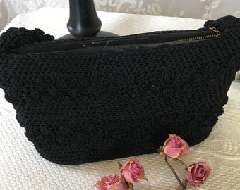 Vintage 1940s Black Crocheted Hard Frame Handbag. Black Satin Lined Purse. Black Crocheted 1940s Purse With Beach Picture Included.