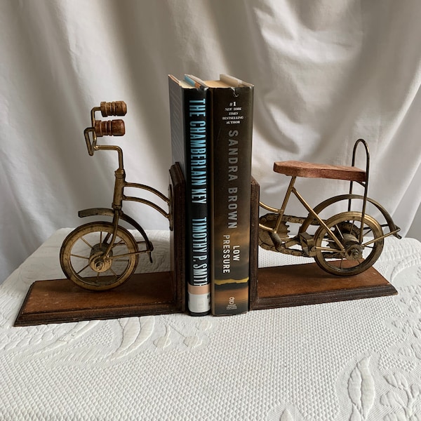 Vintage Bicycle Bookends. Gold Painted Metal and Wood Divided Bicycle Bookends. Charming for Children or Office Books.