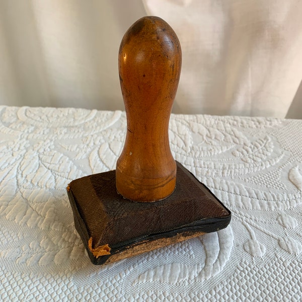 Antique Ink Blotter with Wooden Handle. Remains of Leather on Shaped Wooden Stamper. Wonderful Antique Desk Display. Use as Paperweight.