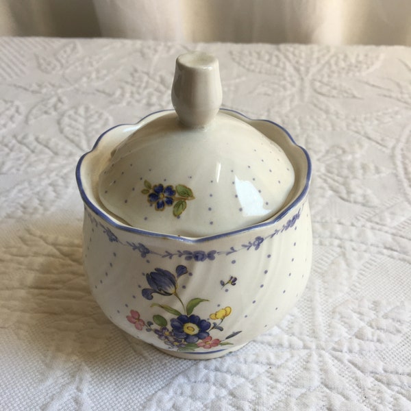 Vintage Nikko Japan Sugar Bowl with Spoon Cup Out on Lid. Feminine Blue Flower Design with Tiny Dots, Scalloped Edge.