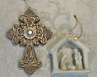 Vintage Christmas Ornaments. Porcelain or Bisque Nativity or Crèche, and the Silvery Gold Plaster or Composite Fancy Cross Ornaments.