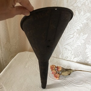 Vintage Funnel, Lg. Cast Iron Oil Funnel. Fulvue Funnel  Sharp Can Piercer Attached Inside. Hole on Top Edge for Hanging. Use or Display.
