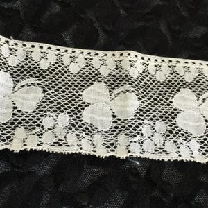 May include: Close-up of a white lace trim with a floral pattern. The lace features a delicate openwork design with repeating flower shapes and small circular accents along the top edge. The background is a dark, textured fabric.