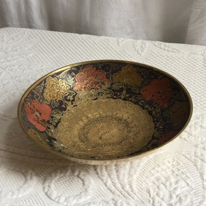 Vintage Brass Embossed Peacock and Painted Fancy Flower Type Designs. Red Blue and Gold Fancy Brass Bowl.