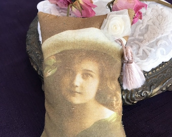 Handmade Sachet Pillow This Listing is For One Lavender Sachet with Romantic Picture Transferred On Fabric. Sachet With Tassel and Flower.