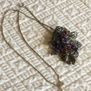 Vintage Sterling Filigree, Cloisonne and Rhinestone Pendent Pin. Sterling Silver Box Chain. Victorian Style Pin Pendent.