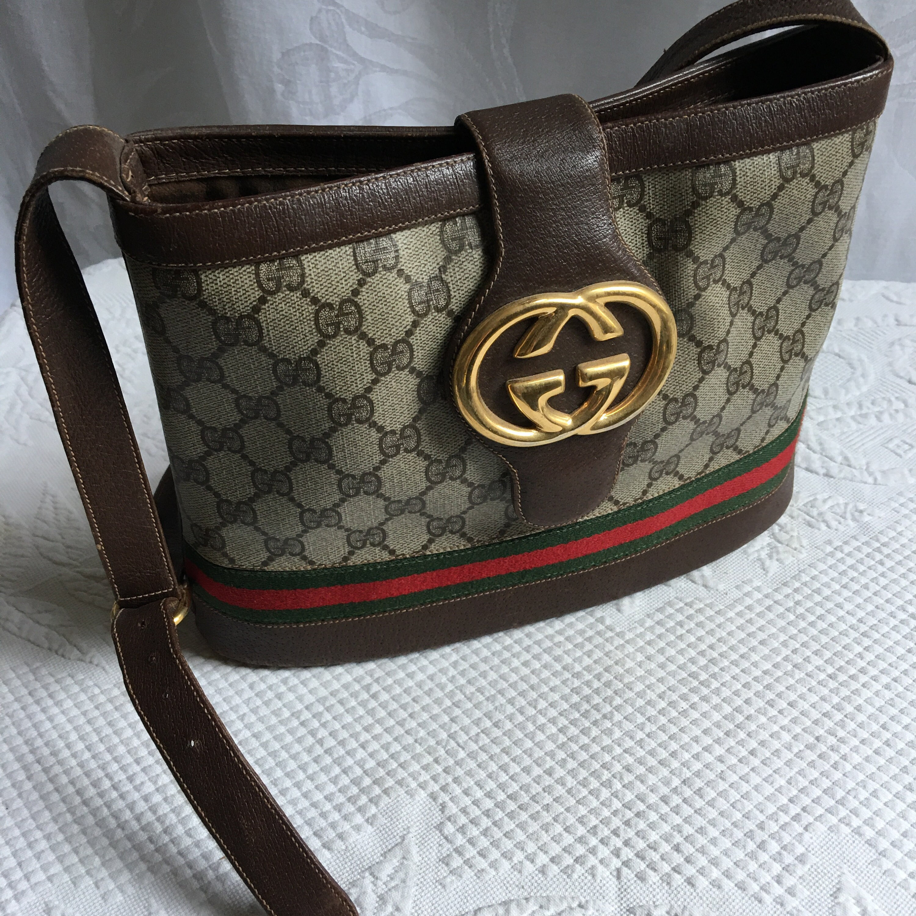 80's vintage Gucci brown monogram webbing sherry line speedy style handbag.