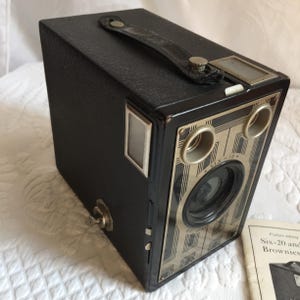 Vintage 1930s Brownie Junior Six 16 Box Camera. Strap on Top and Instruction Booklet. Collectible Camera.