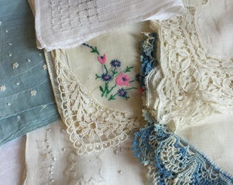 Vintage 6 Blue and White Hankies. Linen Wedding and Feminine Pulled Thread, Embroidery, Crocheted Lacey Handkerchiefs.