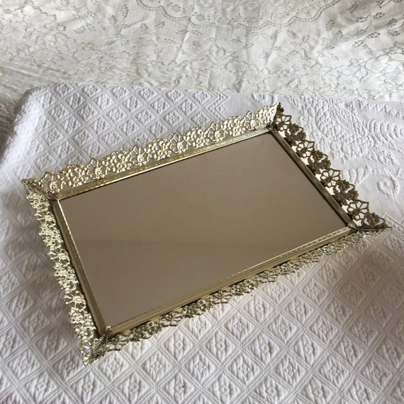 Vintage Gold Mirrored Dresser Tray Floral Designs Around the Etsy