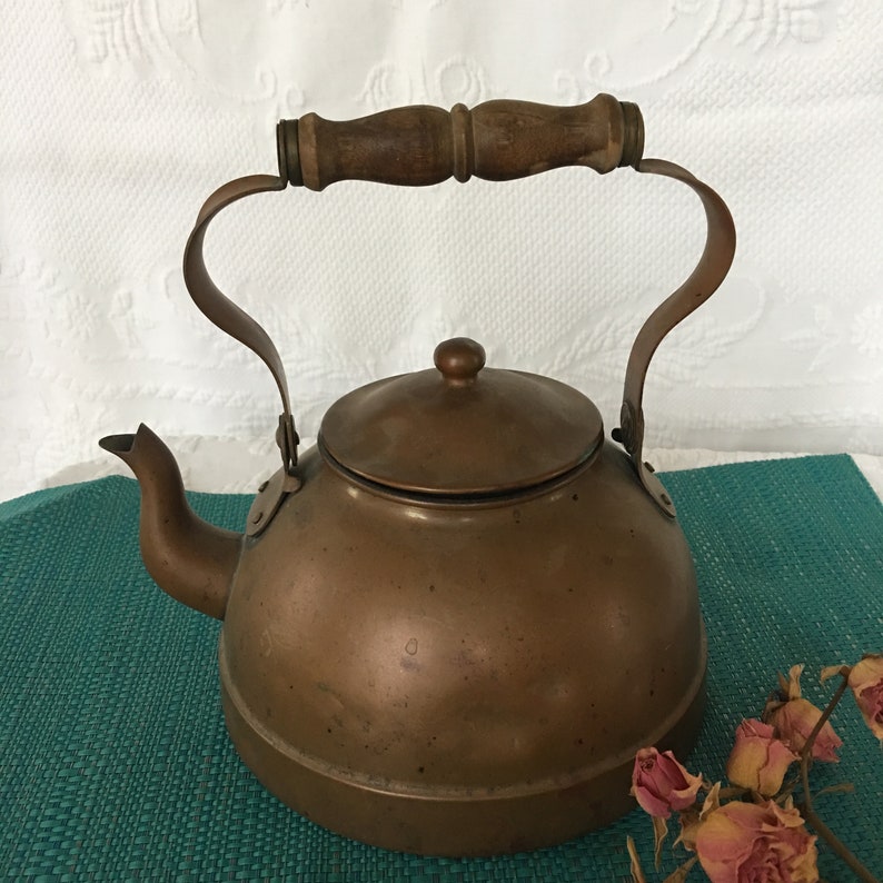 Antique Copper Tea Kettle With Wooden Fancy Bent Handle and Etsy