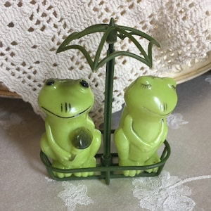 Vintage Plastic Honey Frogs Salt and Pepper Shakers. Boxed Set in Holder with Umbrella on Pole. Charming Frog Couple.