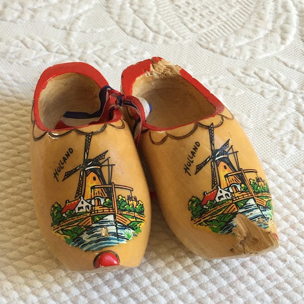 Vintage Wooden Shoes Souvenir of Holland. Windmill Designs. Made in Holland. Hand Painted. Baby or Doll Sized Wooden Shoes.