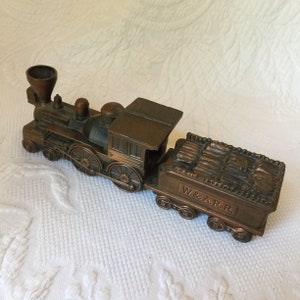 Vintage 1974 Train Engine and Wood Car Banks. The Citizens National Bank of Slatington, PA Train Bank. Bronze Train Cars.