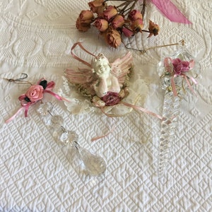 Vintage 3 Victorian Ornaments. Two Birds Inside Plastic Crystal, Chain of 4 Plastic Crystals, Cupid Angel With Wings and Lace. Pink Theme.