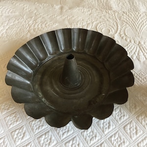 Antique Scalloped Tin Mold With Fluted Sides. Center Cone and Bottom Ridges. Repurpose as a Wall Decoration. Shabby Chic Table Decoration.
