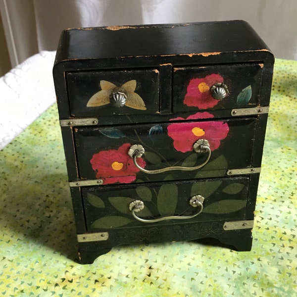 Vintage Miniature Painted Floral Dresser with Four Drawers. Charming Little Display Dresser.