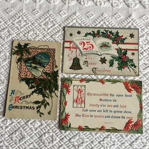 3 Victorian Antique Christmas Postcards. Three 1910 Postcards with 1 Cent Ben Franklin Stamps, Cancelled. Great Christmas Decoration.