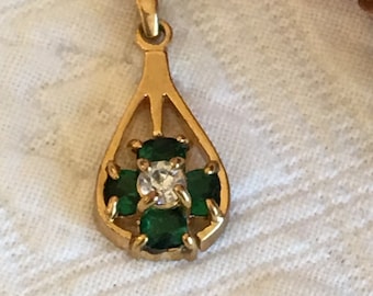 Vintage Gold, Rhinestone and Emerald Green Stones Pendent on 17" Chain. Costume Jewelry Necklace But Looks Like a Good Piece.