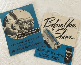 Instrucciones de 1950 para su afeitadora eléctrica Remington Blue Streak. Dos pequeños folletos de la afeitadora Remington. Excelentes ilustraciones.