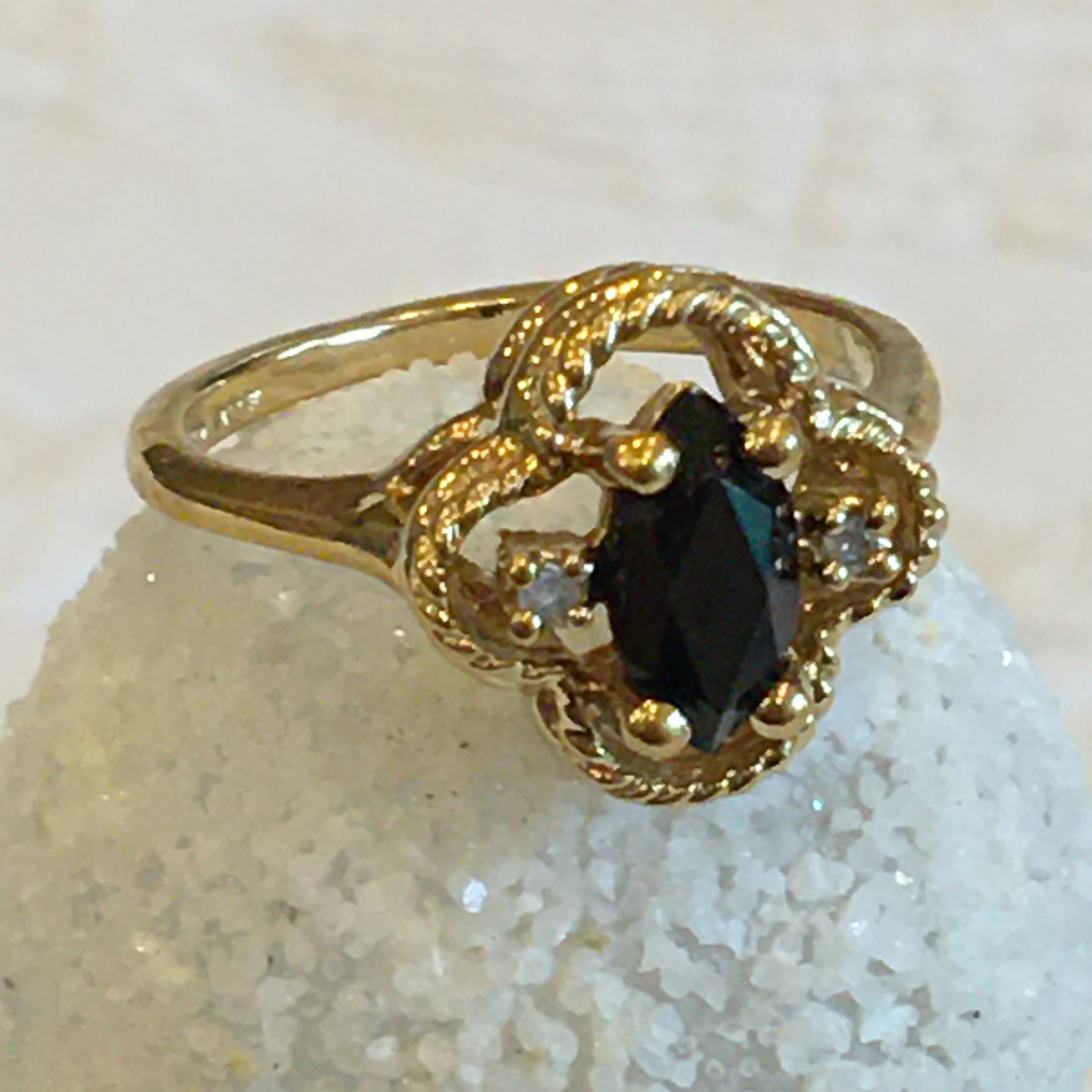 Vintage Size 9 Gold Tone Black Stone with 2 Colorless Stones ring. 24 K Gold Electroplate Costume Jewelry Ring. This Lovely Little Ring.