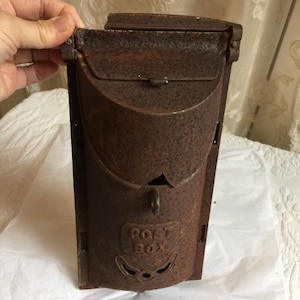 Original Victorian Post Box. Hanging Box with Front Flap to Access Mail. Separate Mailman Box Flap to Access. Openwork Front Design. Rusty.