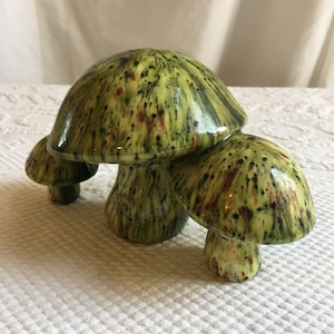 Vintage Ceramic Mushrooms Figurine. Gold or Green Marbleized or Speckled Finish in Charming Triple Mushroom Plant Accent Figurine.