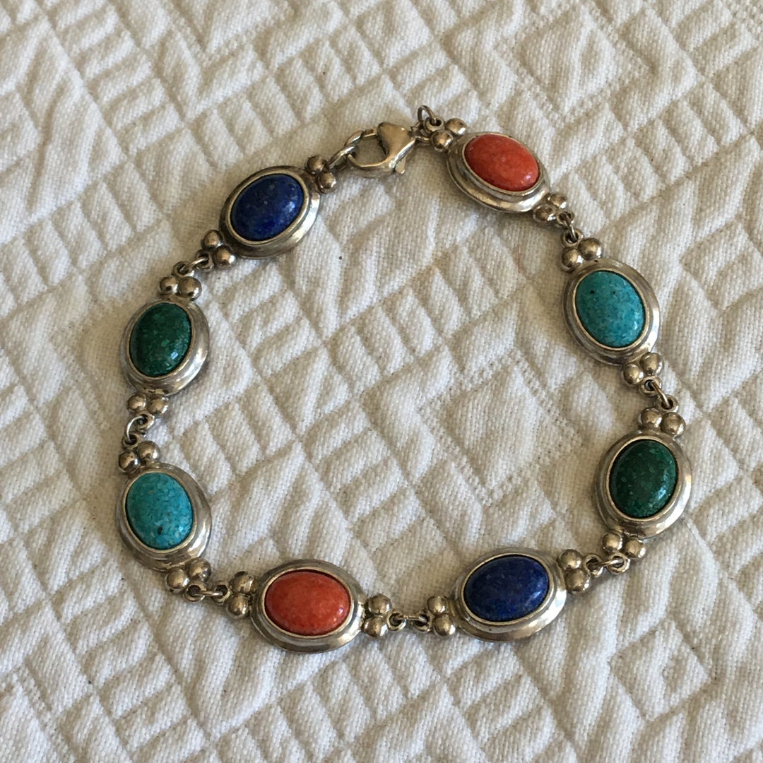 Vintage Sterling Multi Stone Bracelet. Oval Stones Of Coral, Turquoise