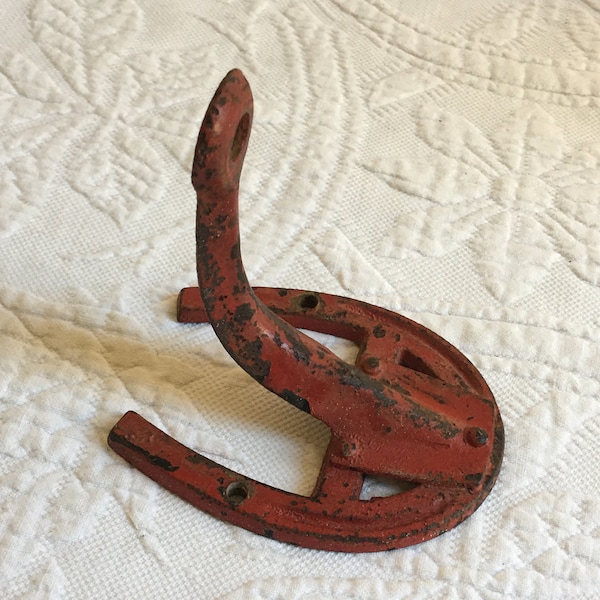 Vintage Red Cast Iron Wall Hooks Horseshoe Design. Equestrian Themed Wall Hook. Two Screw Holes on Horseshoe and One on Curved Arm.