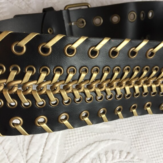 Vintage Black and Gold Wide Eyelet Weave Belt With Center Chain