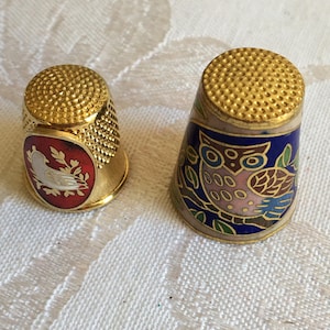 Vintage Collector Metal Thimble. Choose Partridge in a Pear Tree on Red Oval, or Choose a Cloisonne Owl and Floral Thimble.
