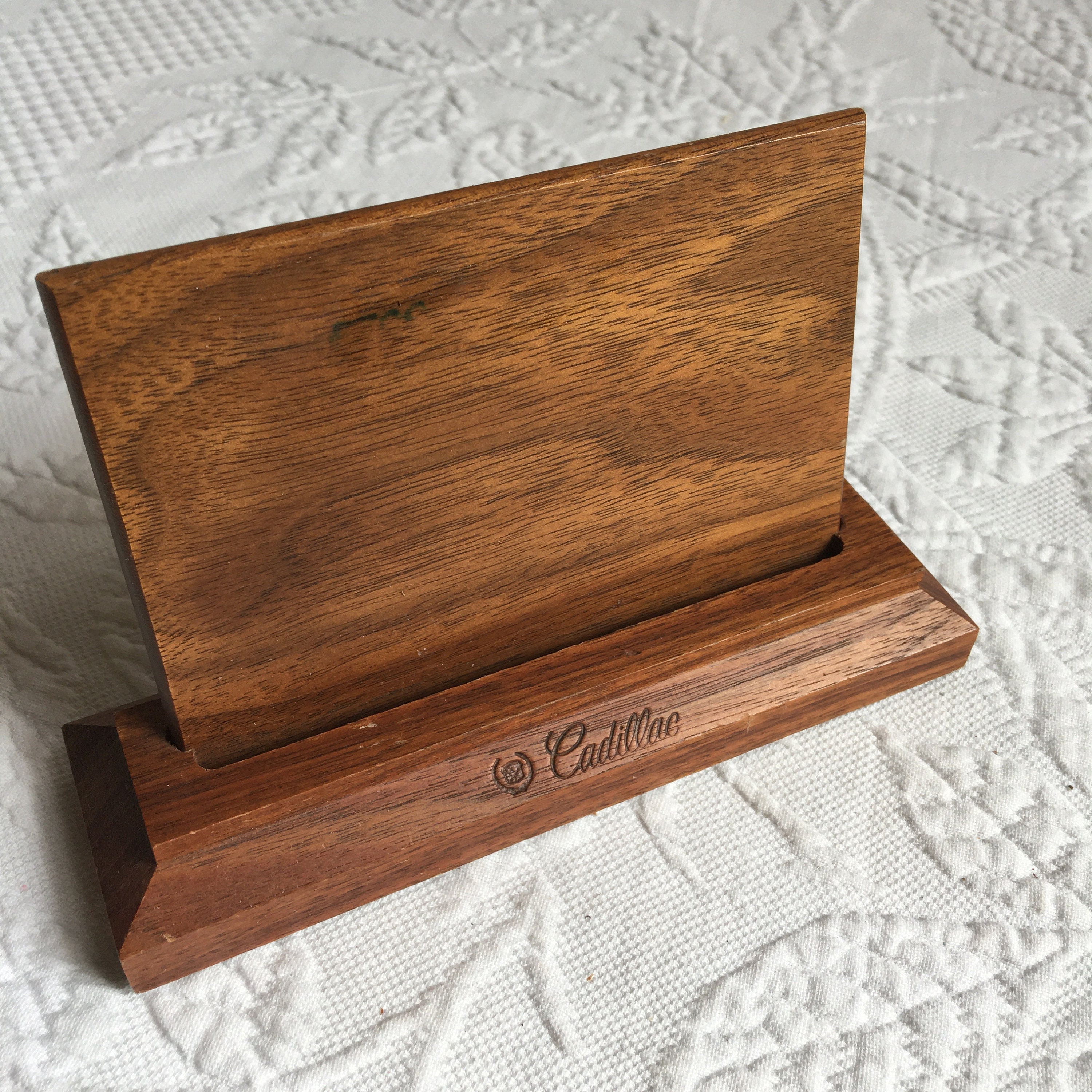 Vintage Wood Picture Display Stand. Etched Word, Cadillac on Front