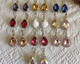 Handmade Pierced Earrings. Choose Your Color. Teardrop Gem Surrounded by a Ring of Rhinestones. 925 Silver Plated Lever Back Wires. New.