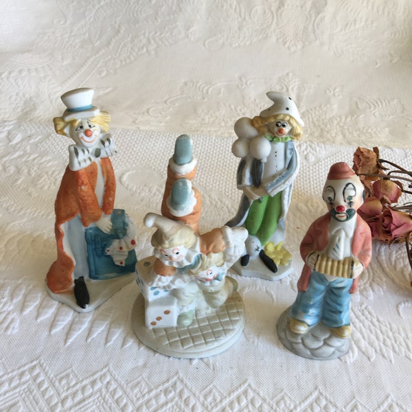 Vintage Choose 1 Ceramic Clown Figurine. Children Clowns w/ Blocks, Striped Coat and Balloons, Orange Coat and Satchel and Accordion Clown.