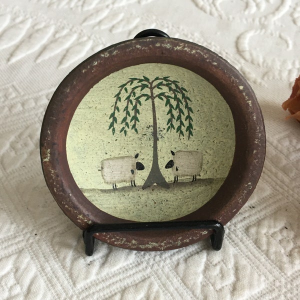 Vintage Country Mini Bowl on Stand. Hand Painted Sheep Under a Weeping Willow Tree on Miniature Wooden Bowl and Black Wire Stand.