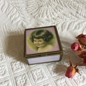 Vintage Via Vermont Pink, Stained Glass Leaded Box with Little Girl&#39;s Picture on the Top. Small Jewelry or Trinket Box. Made in Mexico.