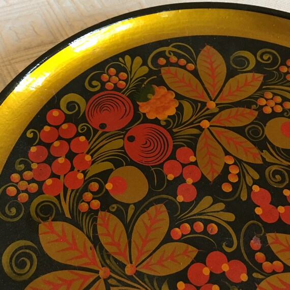 Vintage Russian Lacquer Hand Painted Plate. Gold Red and Green