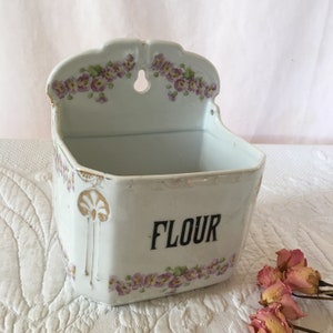 Antique Wall Flour Box. Kept Near the Counter for Help With Pie Making. Repurpose for Kitchen Sink Soaps and Sponges. Purple Pansies.