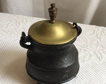 Vintage Cast Iron Fire Pot or Smudge Pot and Fire Starter Wand. Gold Brass Lid on Fire Starter Pot. Kindling Fire or Pot to Start Fire.