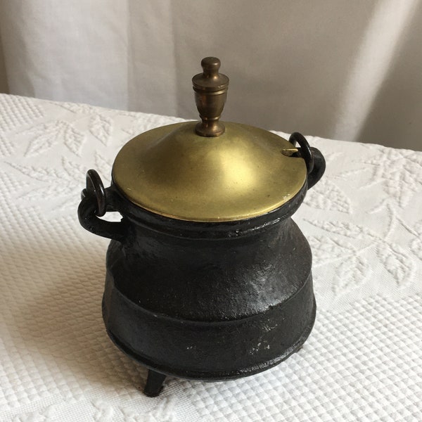 Vintage Cast Iron Fire Pot or Smudge Pot and Fire Starter Wand. Gold Brass Lid on Fire Starter Pot. Kindling Fire or Pot to Start Fire.