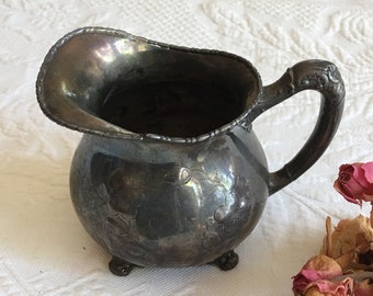 Vintage Silver Plate Creamer Pitcher On 4 Legged Base. Etched and Hand Hammered Small Pitcher.