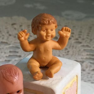 Vintage Tiny Miniature Hard Plastic Baby Doll with Arms in the Air. Mini Doll for a Tiny Doll Bed or to Use for Doll House.