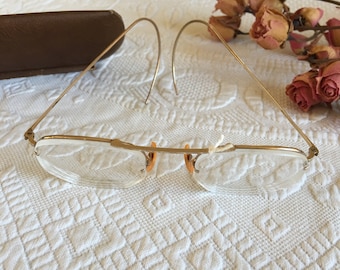 Antique Wire Upper Rim Six-Sided Glasses with Bifocals. B & L 1/10 12K GF ARCO. Brown Spring Loaded Glasses Case.
