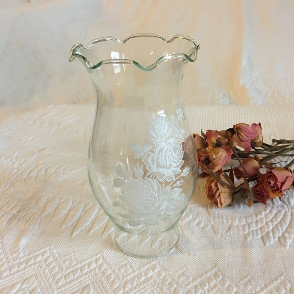 Antique Clear Etched Hurricane Shade. Choose 2 Roses Design or Grapes on a Leafy Stem. Upper Ruffly Edge. Shade For Oil Lamps.