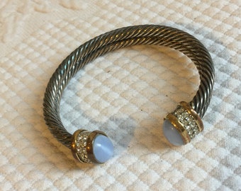 Vintage Cuff Bracelet. Silver Rope Twist Bracelet with Gold Tone and Rhinestone with Blue Moonstones Ends.